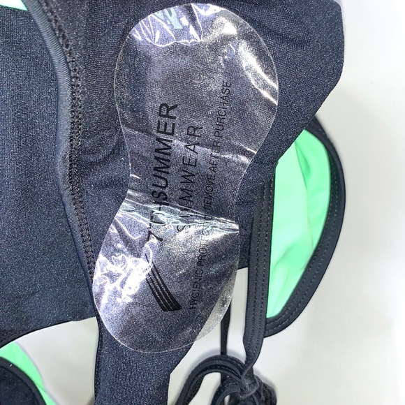 NEW 7TH SUMMER Lime Green Black Two Piece Triangle Tie Bikini Swimsuit Set Large - Picture 6 of 8